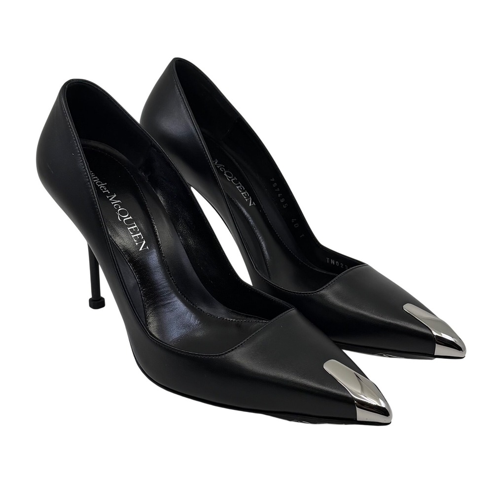 Alexander McQueen Black Leather Metal Toe Cap Stiletto Pumps Heels Size 40